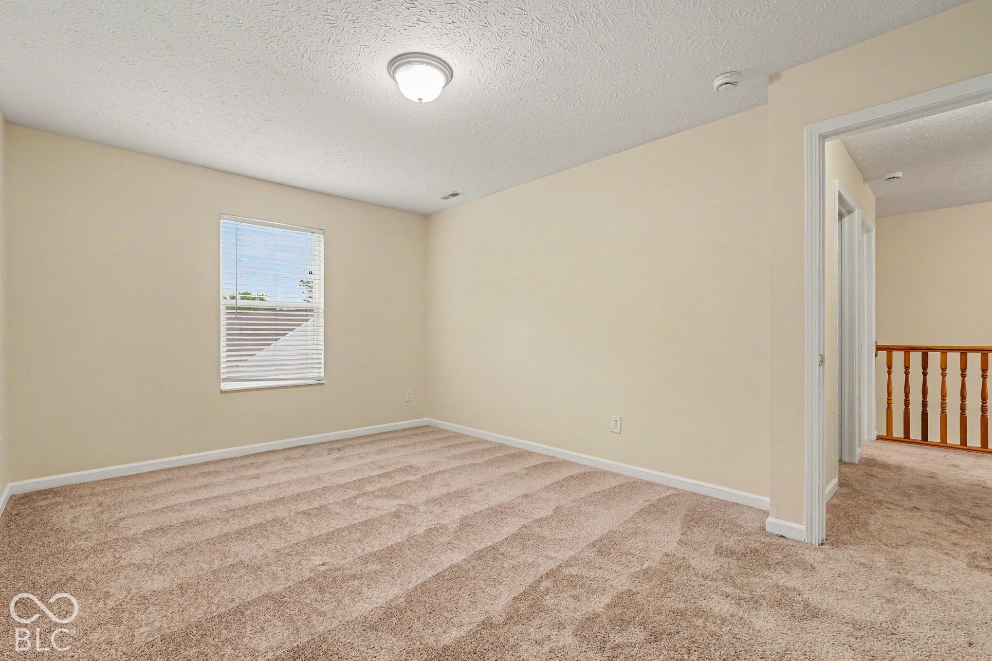 Neutral wall-to-wall carpeting, single-pane window with horizontal blinds, flush-mount ceiling lighting, and wooden baluster railing