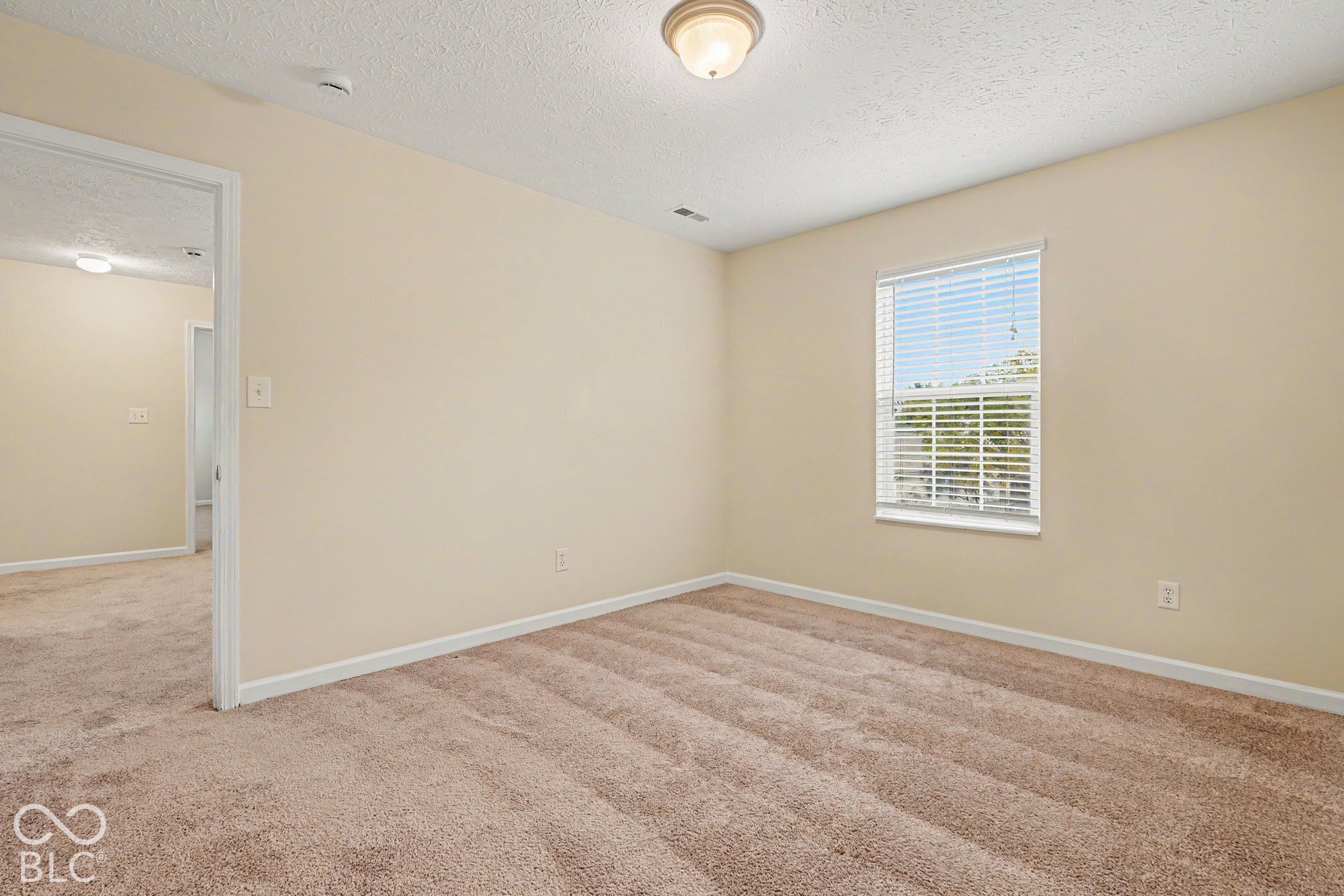 Neutral interior featuring wall-to-wall carpeting, a single window with horizontal blinds, and a dome-style ceiling light fixture