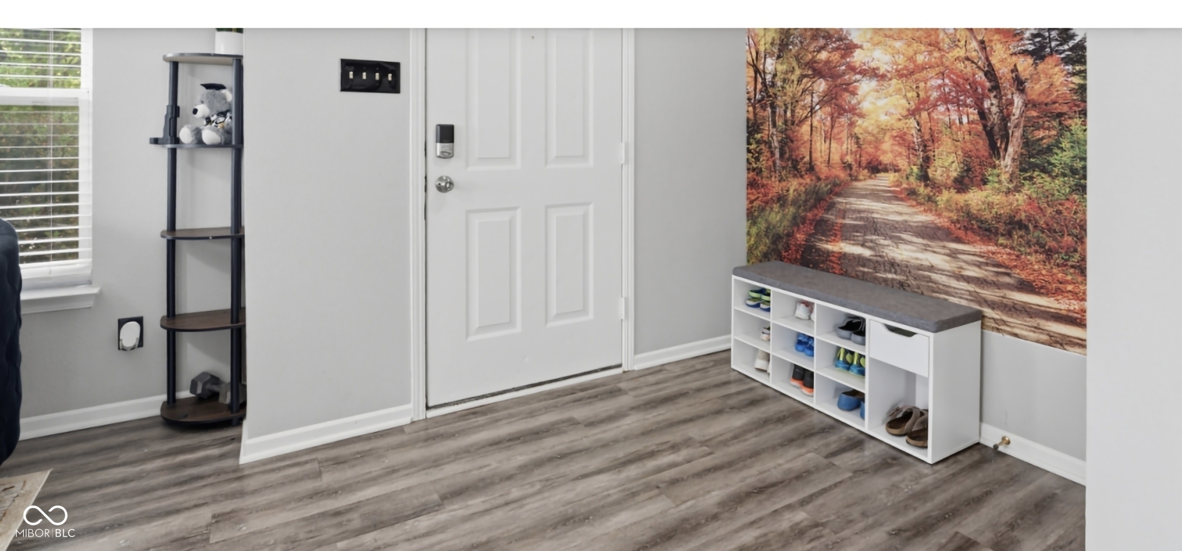 Entryway featuring wood-finish flooring, a white paneled door, and light gray wall paint