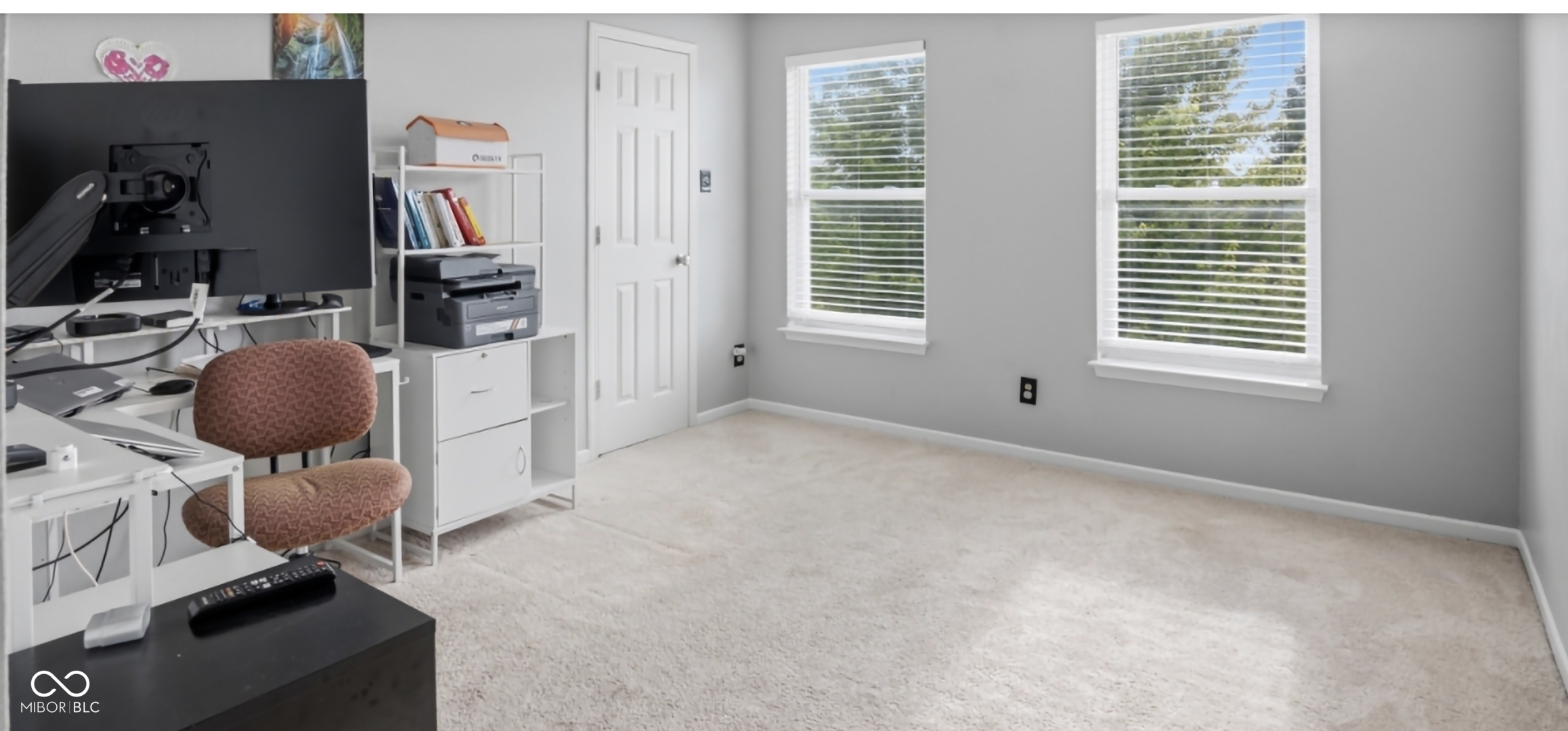 Carpeted room featuring two windows with horizontal blinds, a white paneled door, and light gray walls