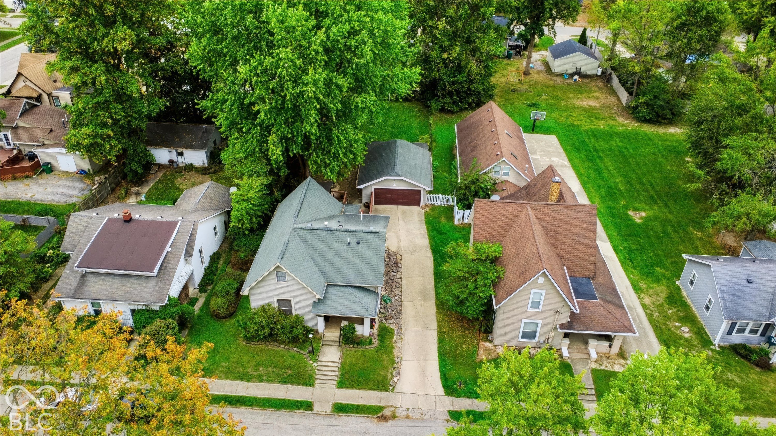 Aerial perspective of a residential property featuring a pitched shingle roof, a detached garage, and a concrete driveway