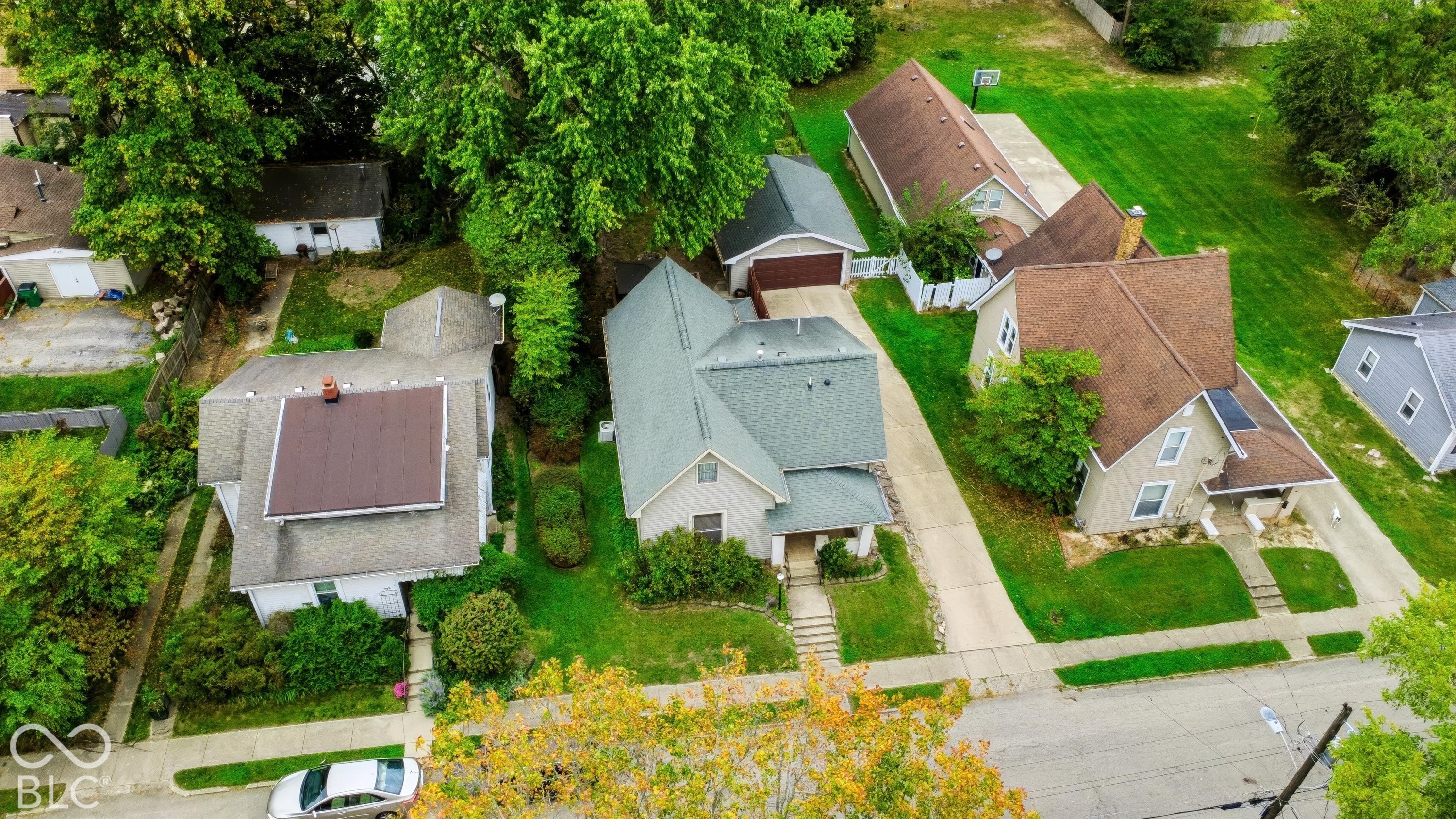 Aerial perspective featuring a shingled roof, concrete driveway, detached garage, and mature tree canopy