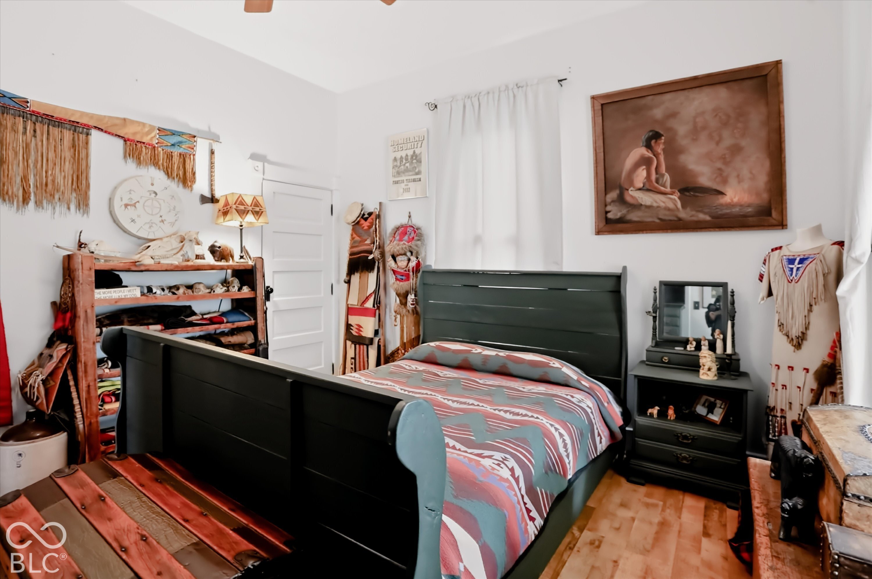 Wood-finish flooring and a multi-panel interior door
