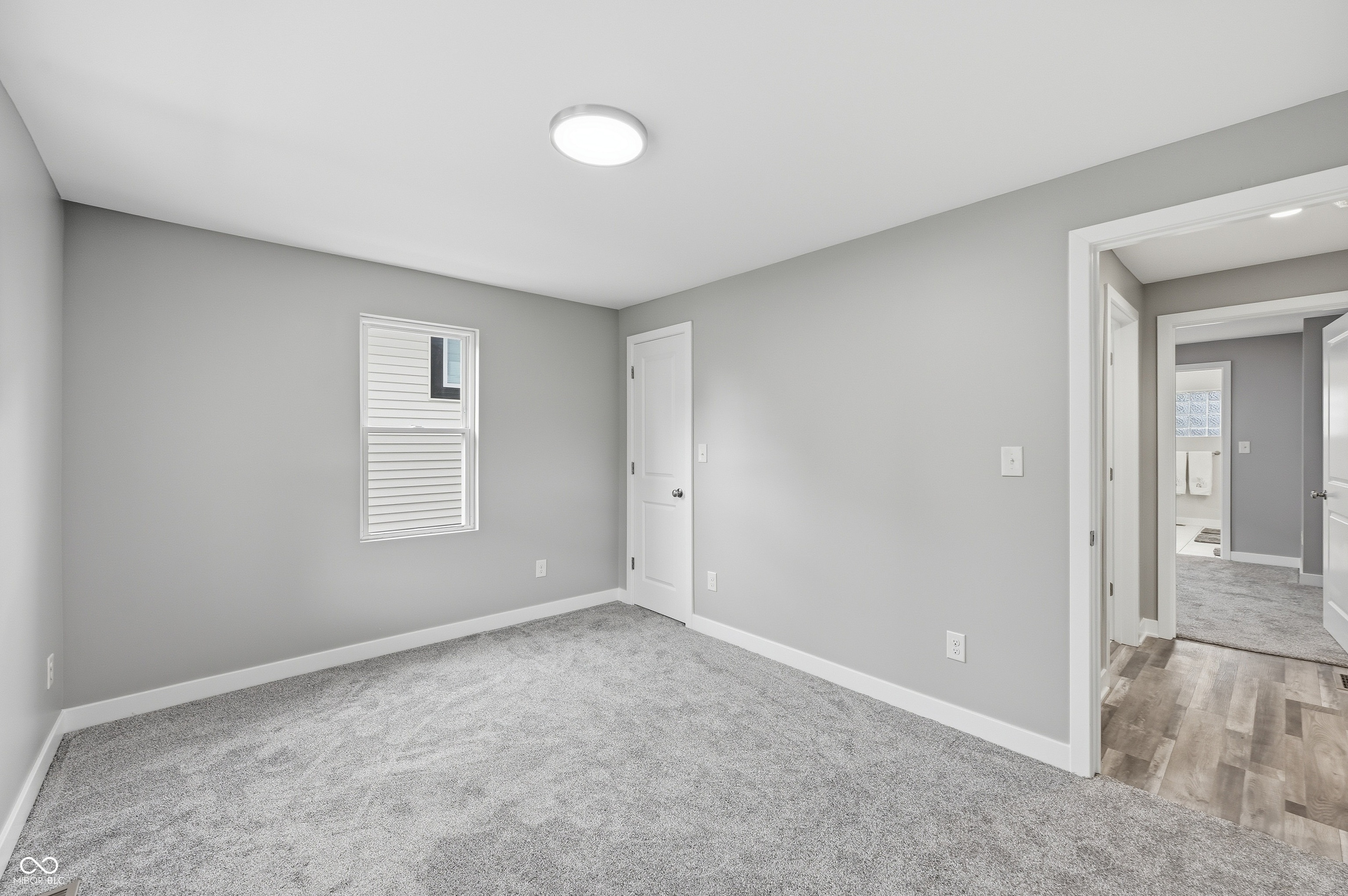 Light gray carpeted room featuring white trim, a single window with white blinds, and a flush-mount ceiling light fixture