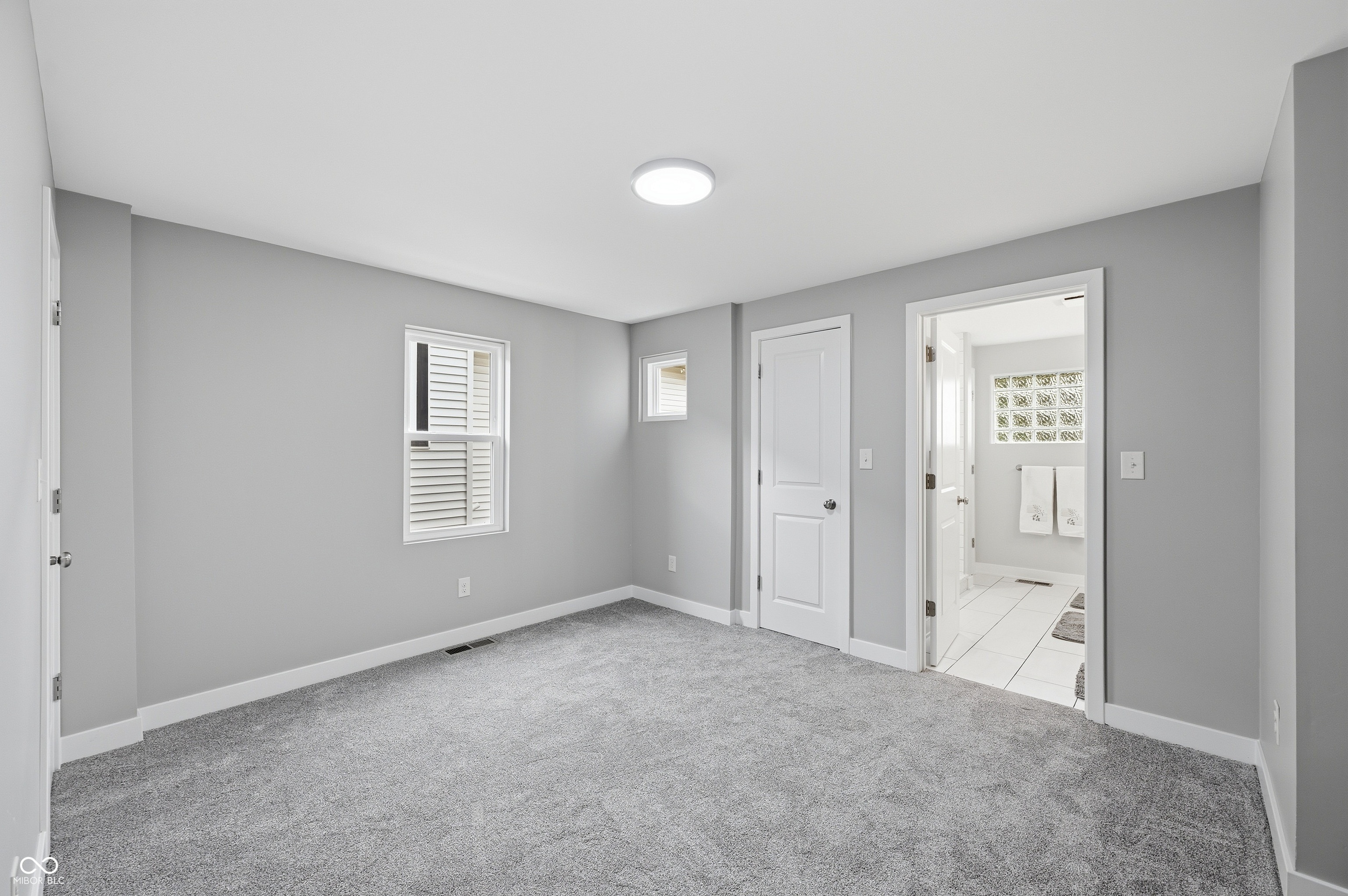 Spacious bedroom featuring light gray walls, plush gray carpeting, white trim, a flush-mount ceiling light, and a window with white louvered blinds