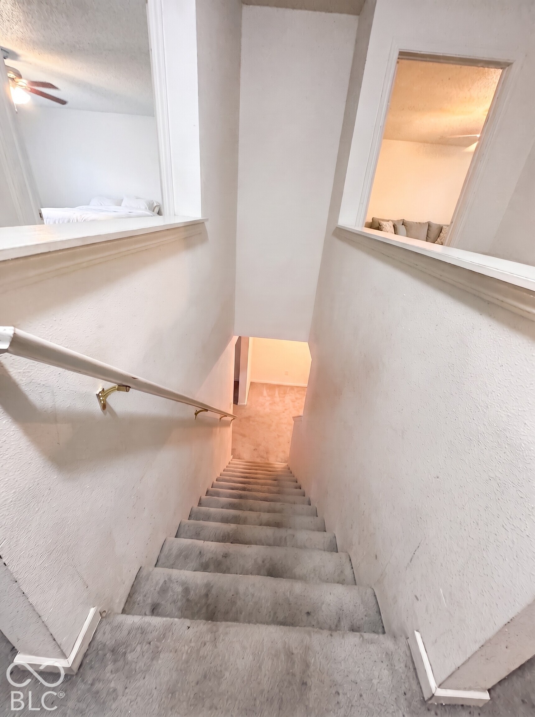 Virtually Altered - Carpeted staircase featuring a mounted handrail and dual cut-out wall openings