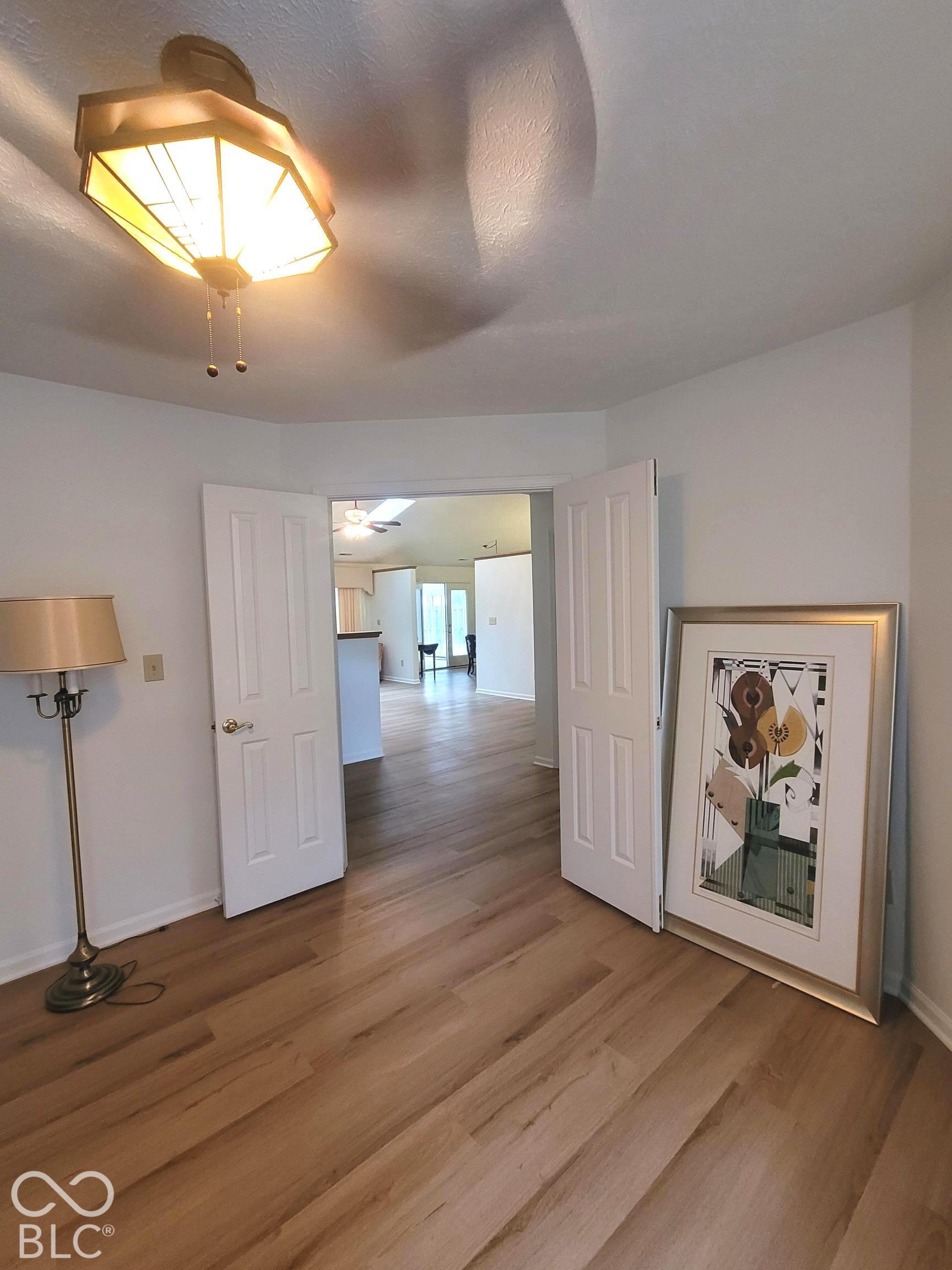 Wood-finish flooring, multi-panel double doors, and a geometric-style flush-mount ceiling light fixture