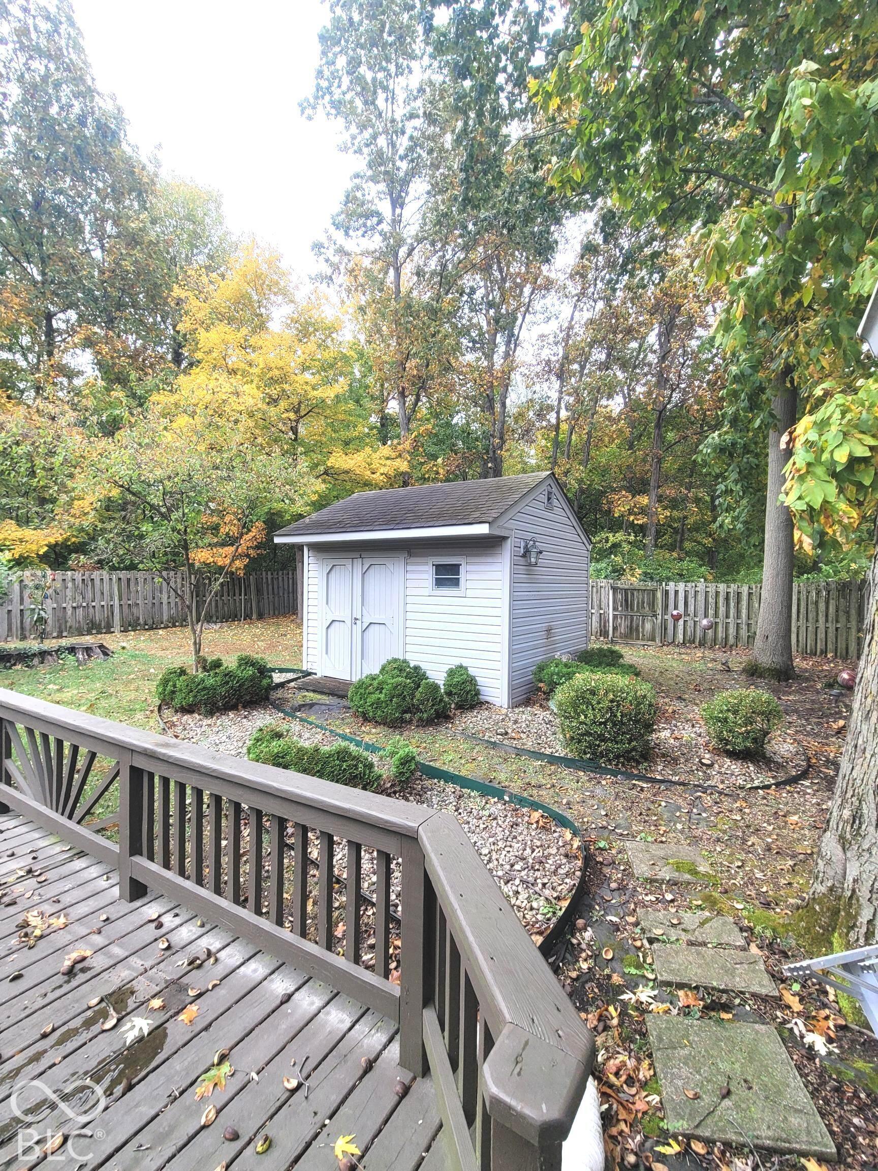 Exterior wood deck with railings, storage shed with double doors, stone ground cover, and wood privacy fencing