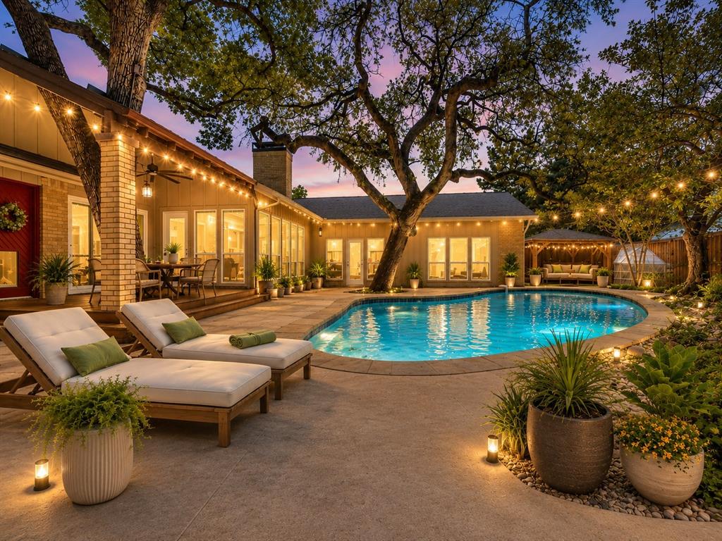 Curved swimming pool with expansive concrete decking