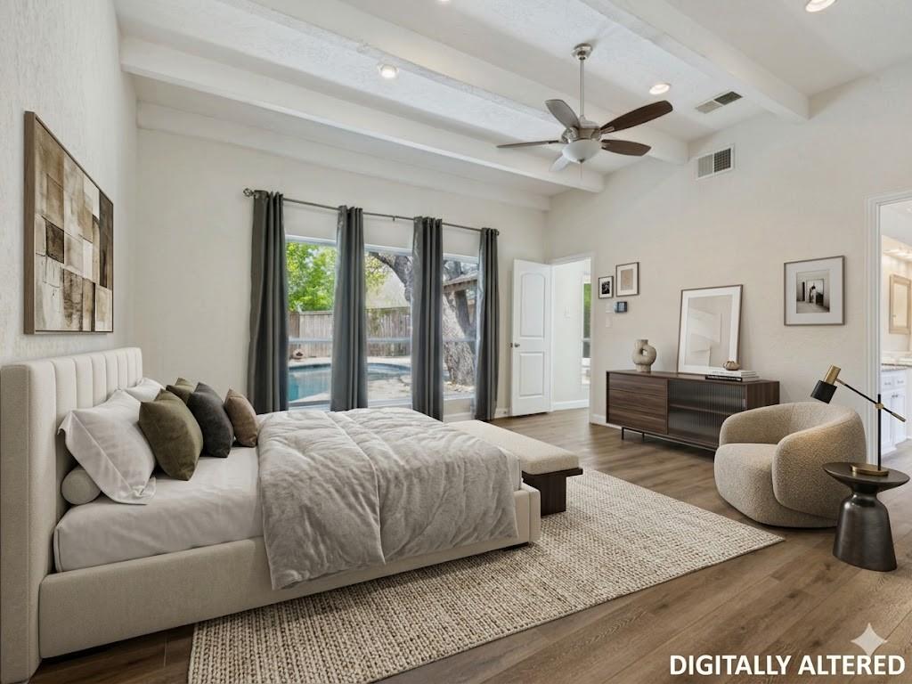 Vaulted ceiling room featuring wood-finish flooring, recessed lighting, and a ceiling fan