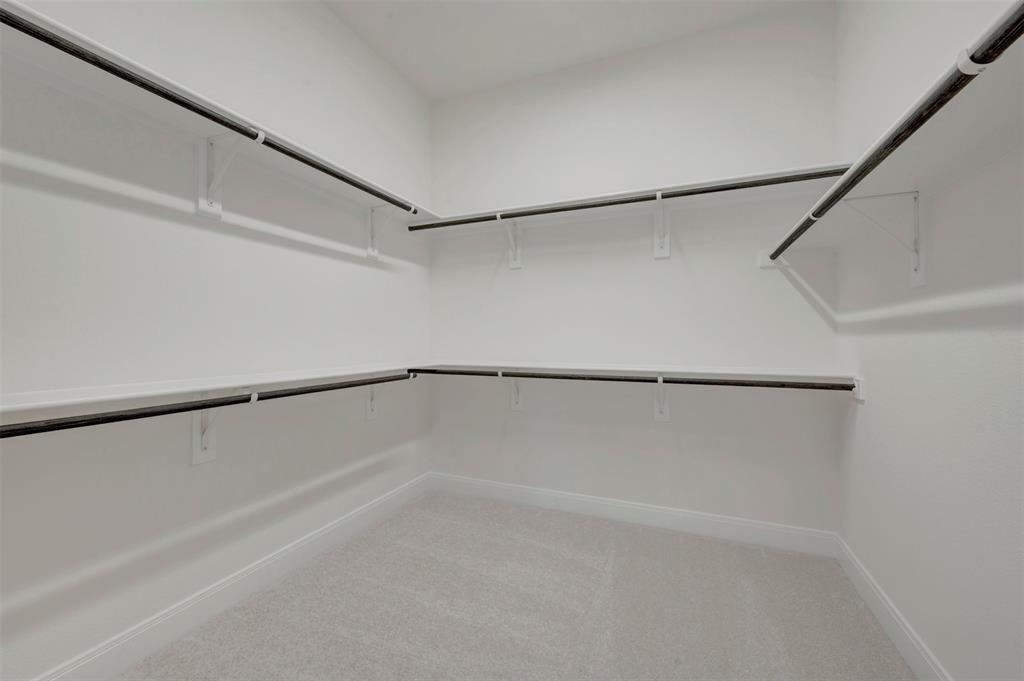 Spacious walk-in closet featuring light gray carpeting, white walls, multiple built-in shelving units, and metal hanging rods