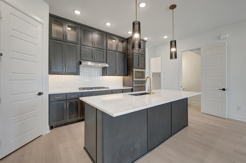 Modern kitchen featuring dark cabinetry, white quartz countertops, stainless steel appliances, and light wood-finish flooring