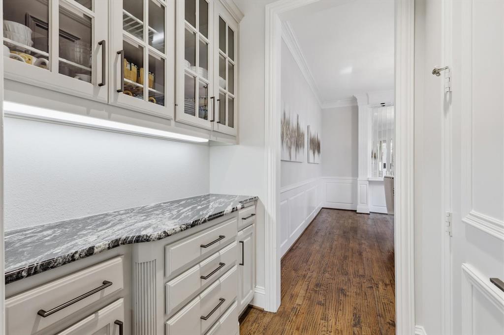 Butlers pantry with quartzite top and ample storage.