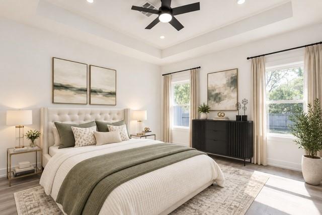 Virtual staging -Recessed lighting, wood-finish flooring, a coffered ceiling, and two windows Virtual staging -Recessed lighting, wood-finish flooring, a coffered ceiling, and two windows