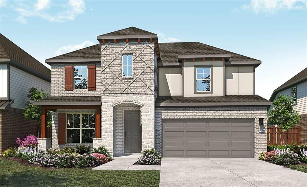 Two-story residence featuring a combination of light-colored brick and stone veneer, an integrated two-car garage, and a covered front porch with dark wood accents