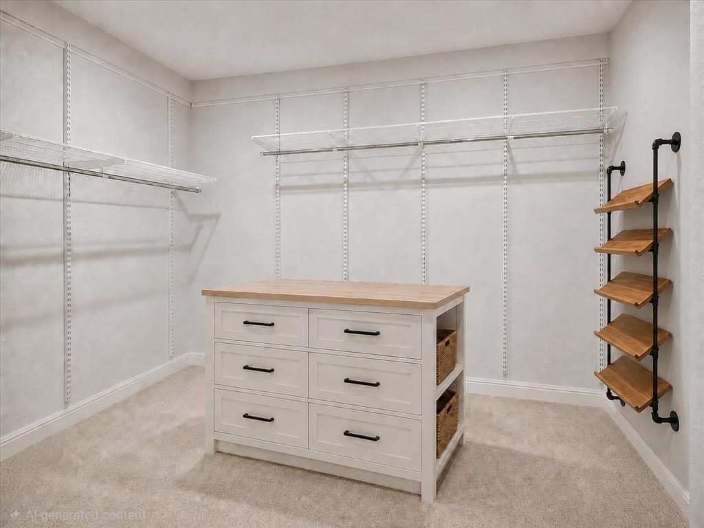 Spacious walk-in closet featuring a central dresser island with six drawers, adjustable wire shelving, and a wall-mounted shelving unit with wood-finish shelves