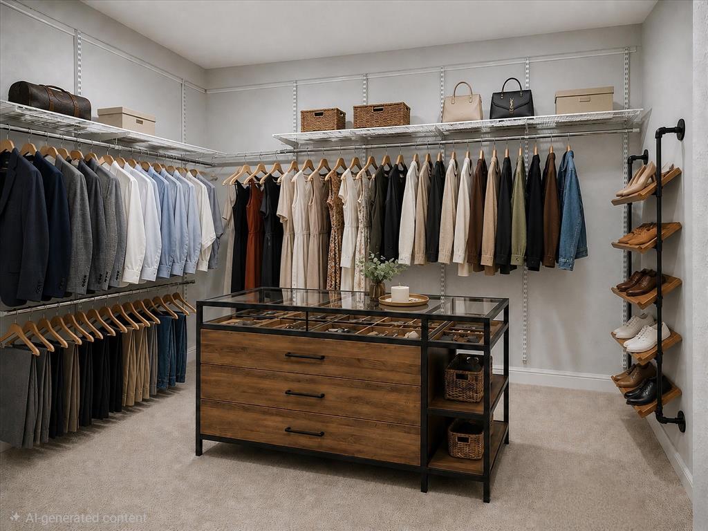 Custom closet system featuring extensive hanging rods and shelving