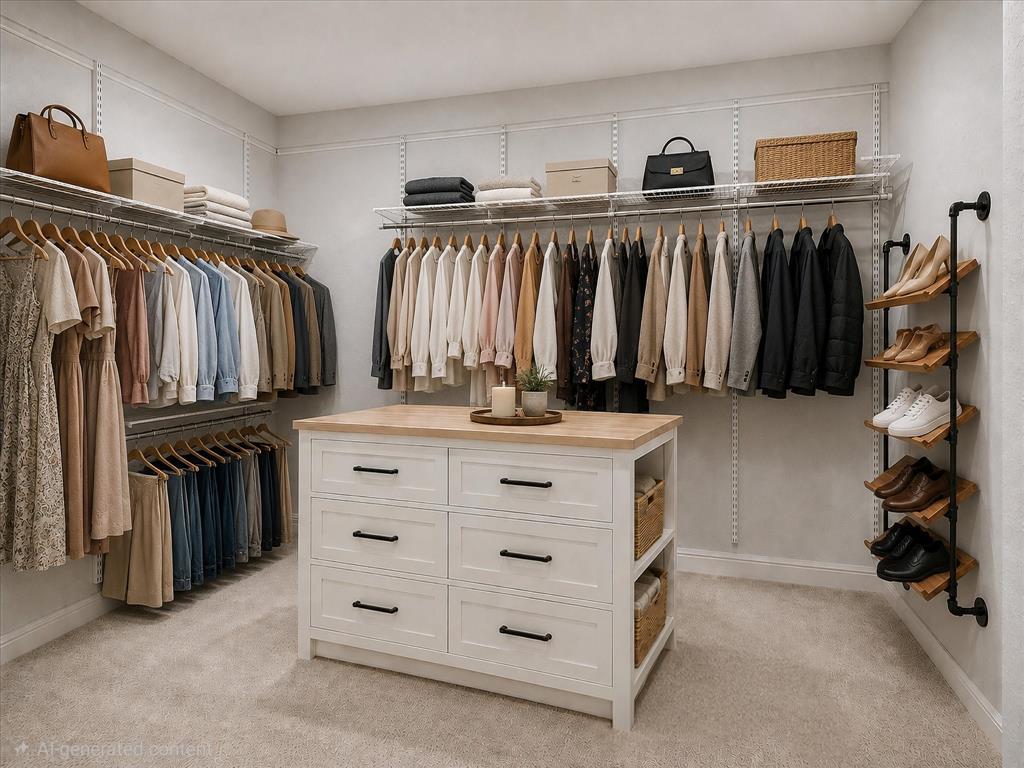 Spacious walk-in closet featuring a central dresser island with a wood-finish countertop, ample built-in shelving, multiple hanging rods, and integrated shoe storage