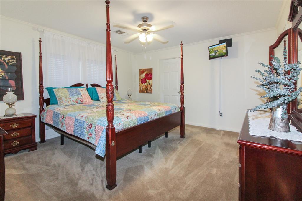 Carpeted room featuring crown molding and a ceiling fan