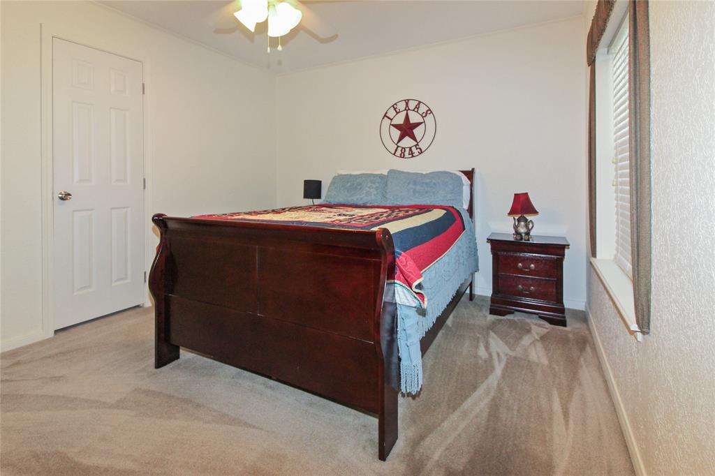 Carpeted bedroom featuring a ceiling fan, a white paneled door, and a window with blinds