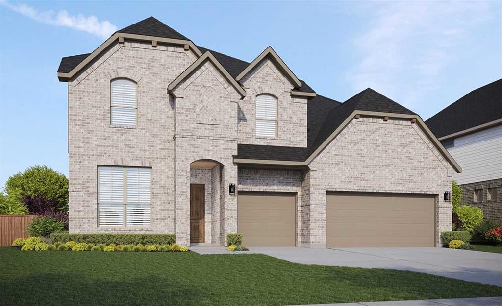 Two-story brick exterior featuring a multi-gable roofline, arched entry, and a two-car garage with individual doors