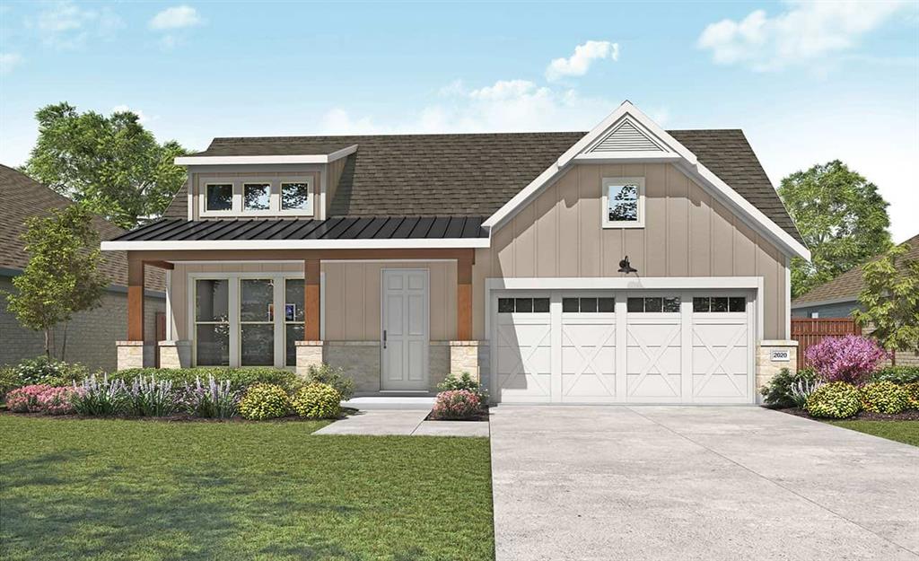 Craftsman-style exterior featuring a covered porch with wood columns, stone accents, and board and batten siding