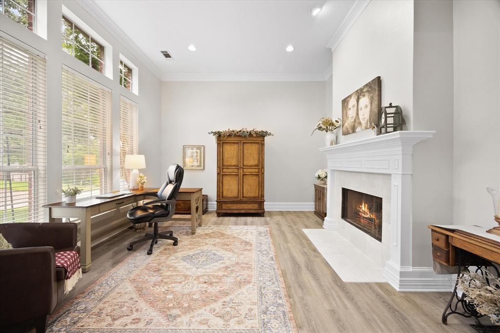Home office includes gorgeous fireplace