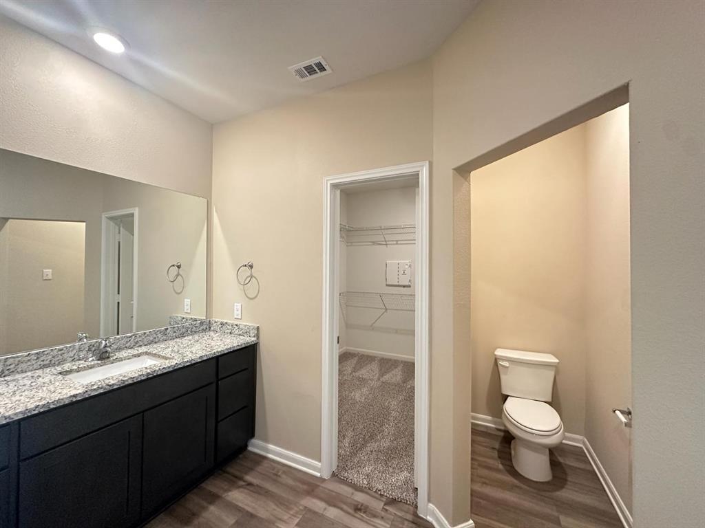 Vanity featuring a spacious countertop, integrated sink, and dark cabinetry