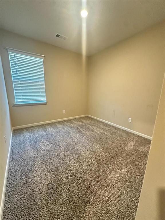 Spacious room featuring neutral-toned walls, plush carpet flooring, a window with venetian blinds, and a ceiling-mounted light fixture