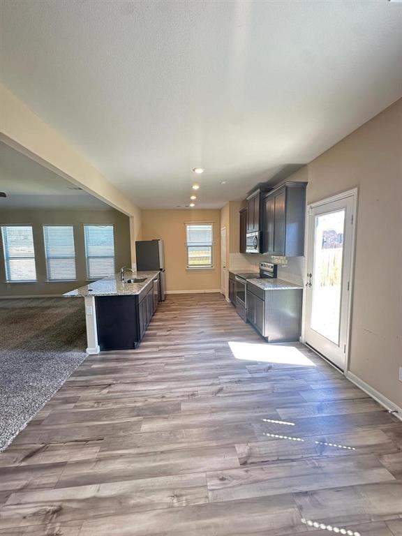 Kitchen featuring wood-finish flooring, dark cabinetry, granite-style countertops, stainless steel appliances, and recessed lighting