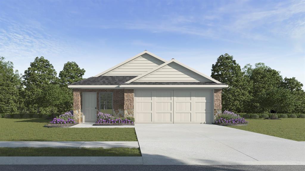 Single-story residence featuring a two-car garage, brick and siding exterior, a paved driveway, and manicured lawn with planted flower beds