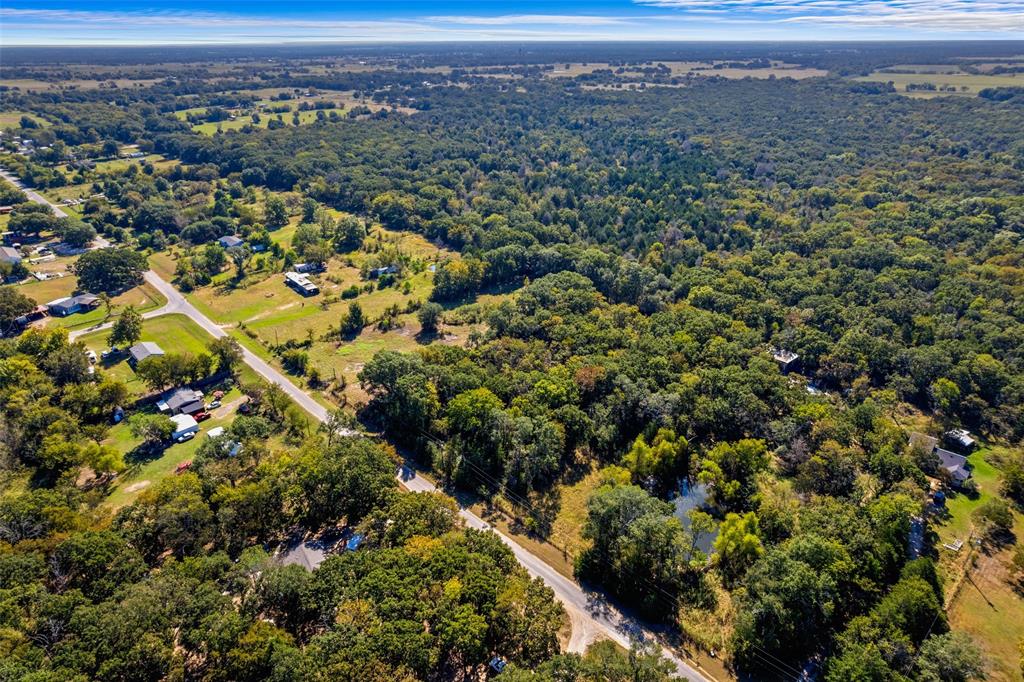 Expansive aerial view of a verdant landscape featuring extensive tree coverage, scattered residential properties, and a visible roadway