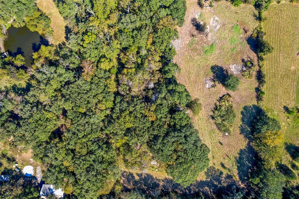 Expansive land parcel featuring a mix of mature tree coverage and cleared areas, with a visible pond and varied terrain