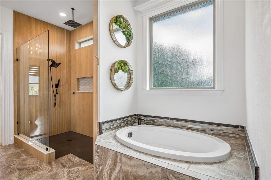 Wood slat look tile on shower surround