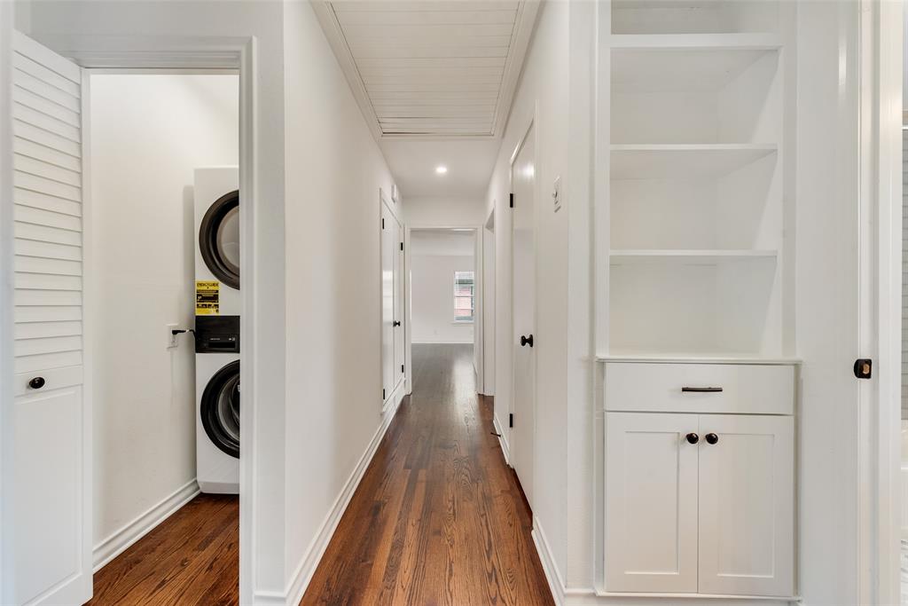 Hallway featuring wood-finish flooring, recessed lighting, and a white beadboard ceiling