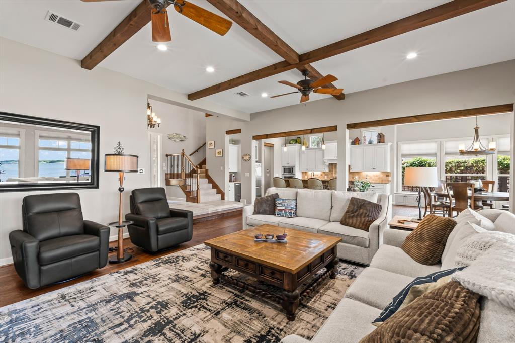 The open concept floor plan flows nicely into the waterside dining area.