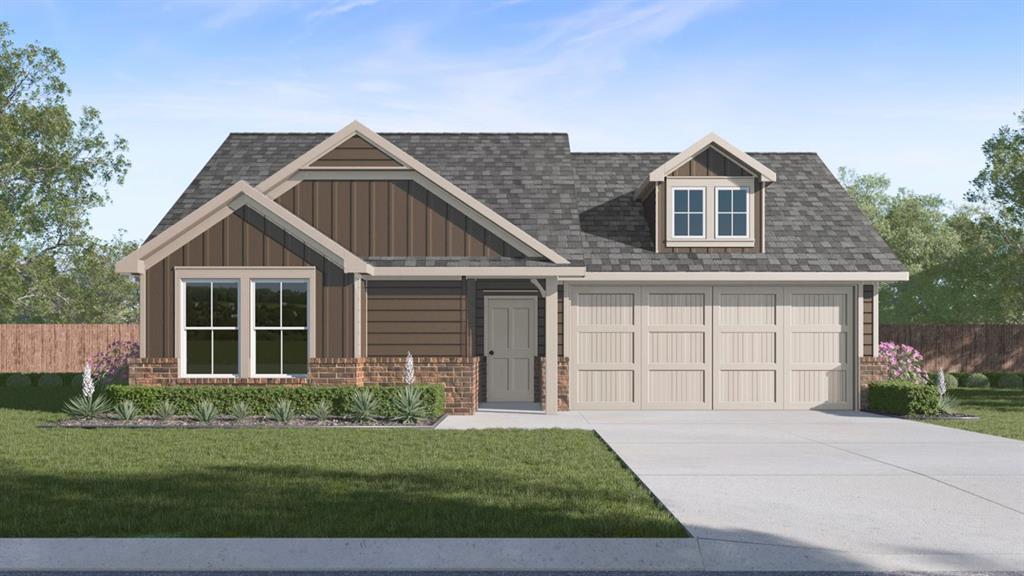 Contemporary single-story residence with a two-car garage, dormer window, board and batten siding, brick accents, and a shingled roof Contemporary single-story residence with a two-car garage, dormer window, board and batten siding, brick accents, and a shingled roof