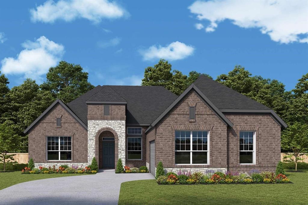 Traditional-style exterior featuring a dark brick facade, light stone accents, and a dark shingle roof
