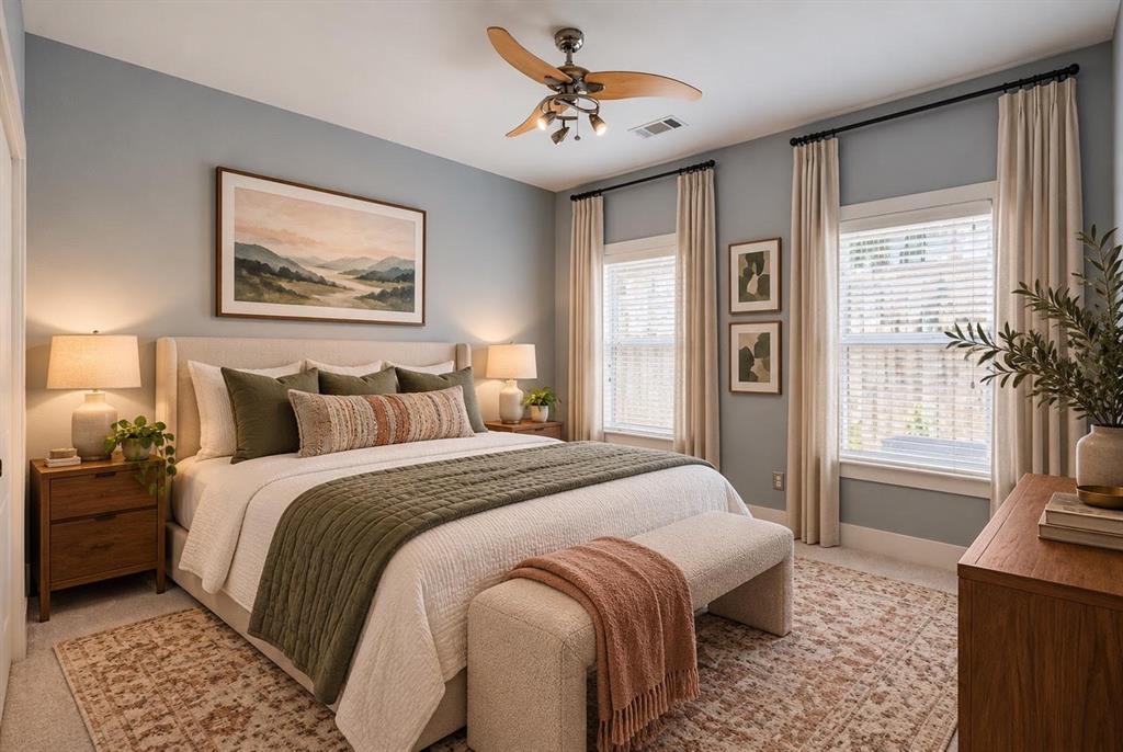 Recessed lighting, ceiling fan with light fixture, two windows with blinds, and light gray wall paint