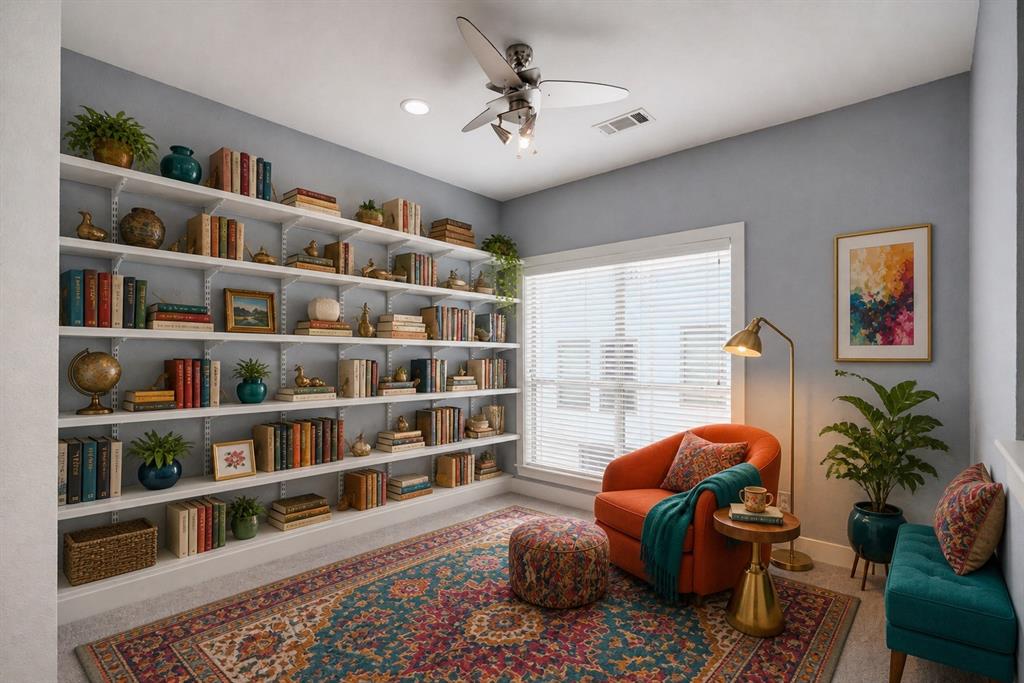 Full-height built-in shelving, white window blinds, recessed lighting, and a ceiling fan with integrated lighting