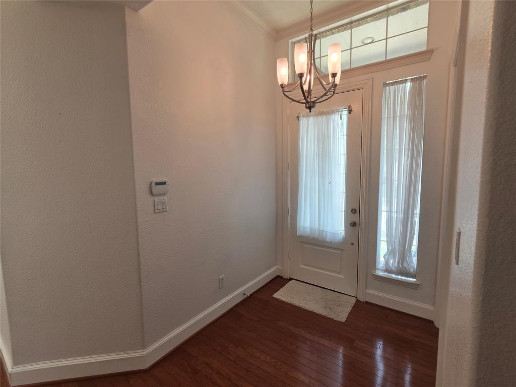 Entryway featuring wood-finish flooring, a white paneled door with an integrated window, and an adjacent full-length sidelight