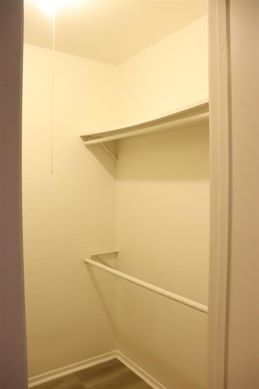 Walk-in closet with overhead shelf, clothing rod, and wood-finish flooring