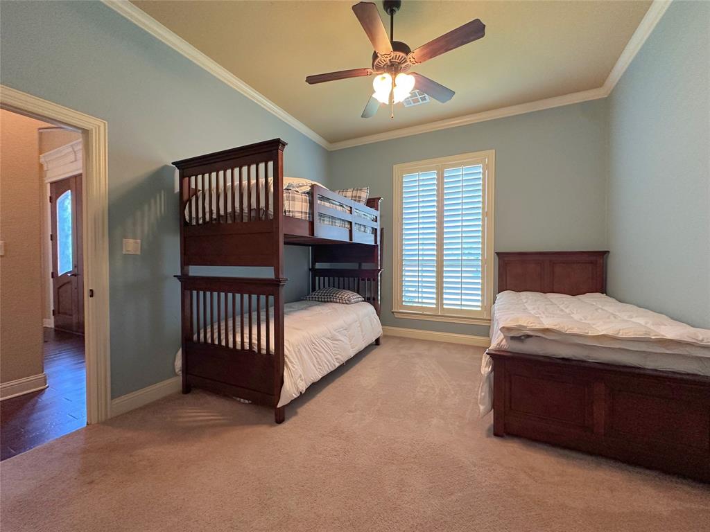 Bedroom featuring light blue walls, a ceiling fan with light fixture, and crown molding