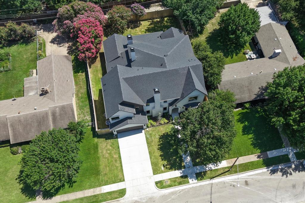 Aerial overview, 10,120 SF lot, concrete drive, mature tree canopy Aerial overview, 10,120 SF lot, concrete drive, mature tree canopy