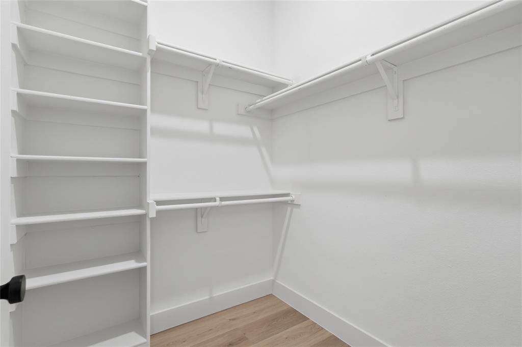 Spacious walk-in closet featuring light wood-finish flooring