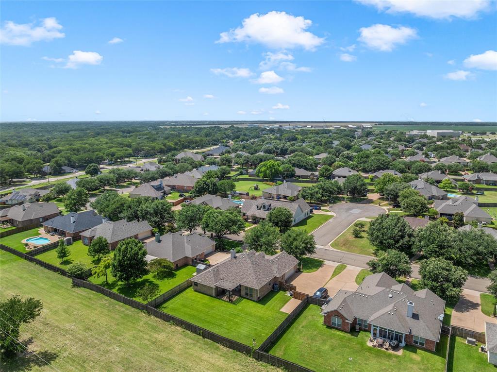 Aerial perspective showcasing a residential community with mature landscaping