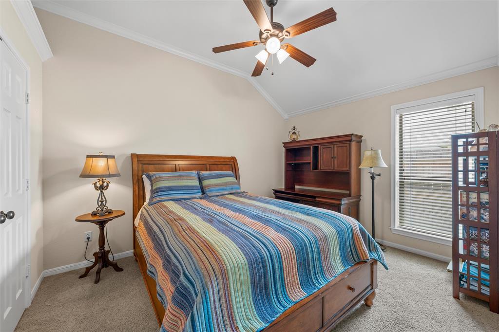 Room featuring a vaulted ceiling with crown molding, a ceiling fan with integrated lighting, and carpet flooring