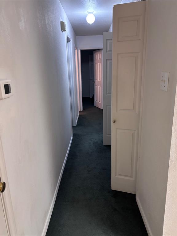 Hallway with deep green carpet flooring, white walls, and white paneled doors