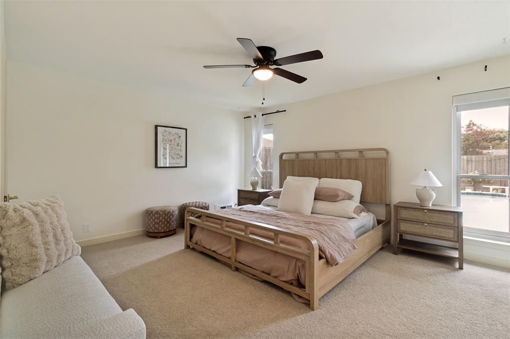 Primary Bedroom with walk in closet, new electronic shades and views of backyard