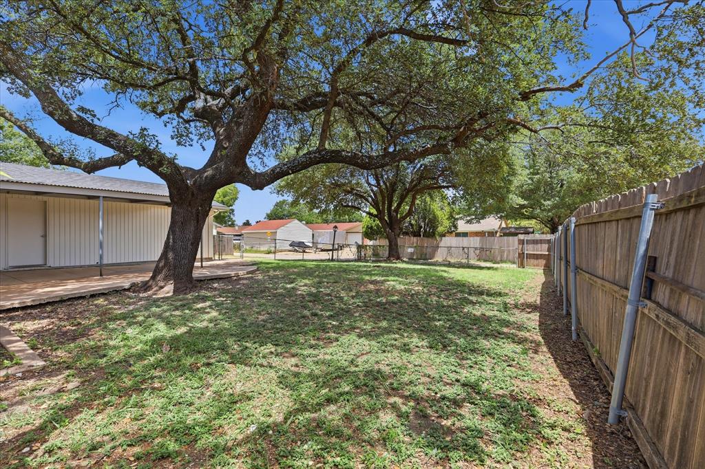 Spacious backyard featuring a prominent mature tree, natural grass, and a wood privacy fence